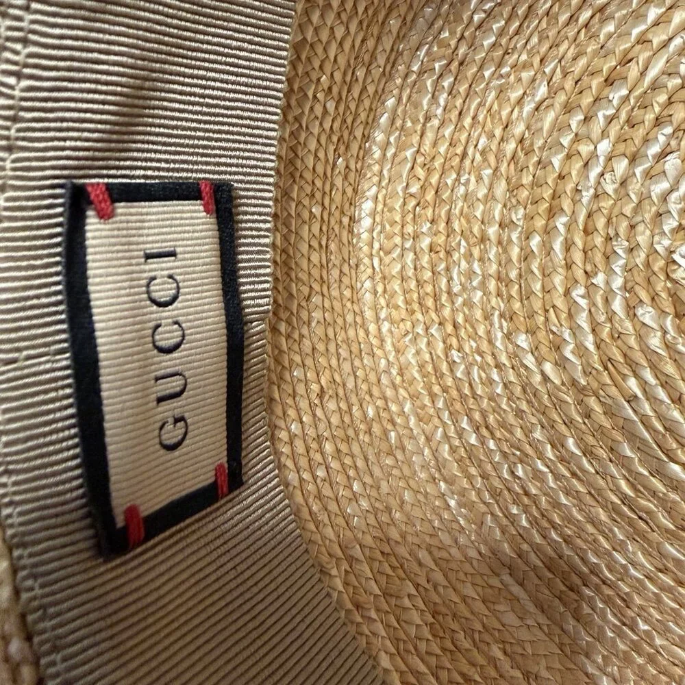 NEW Gucci Wide Brim Raffia Straw GG Ribbon White Hat XL 59 cm
